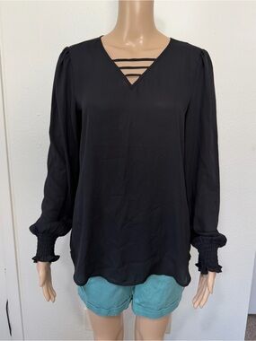NWT Maurices Black Long-Sleeve V-Neck Blouse with Ladder Straps
